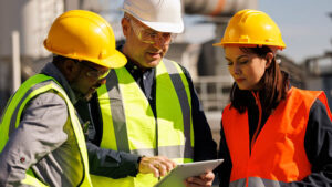 Colleagues wearing hard hats review building design plans for their business. To attract the best employees, they’ll need to consider joining a MEP or PEP to offer a retirement plan.